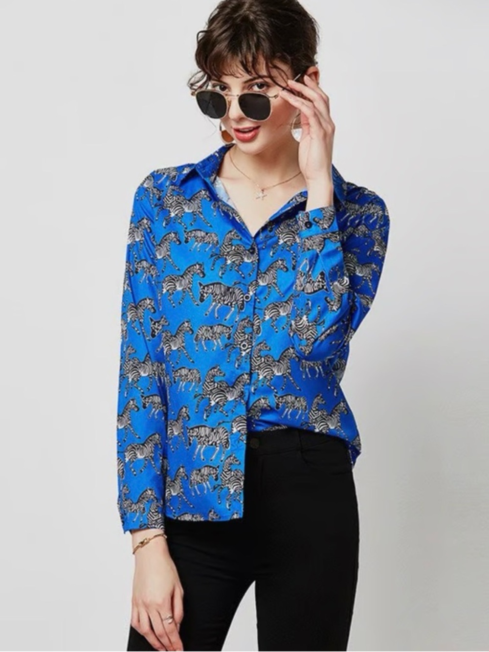 Zara Royal Blue Long Sleeve Button Down Top Shirt Zebra Prints Sz XS - Picture 4 of 12
